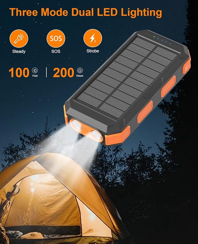 Solar Charger Power Bank 38800mAh, PD 22.5W USB-C Fast Charging Portable Charger with 4 Built-in Cables, External Battery Pack with Dual LED Emergency Flashlights for Camping, Hiking, Outdoor Use