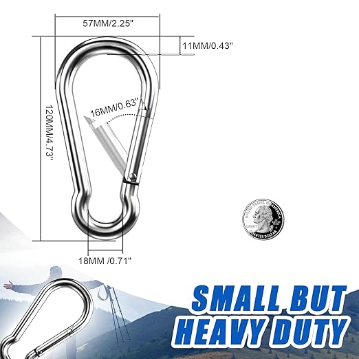 Large Carabiner Clip Hooks, 1pc 4.7 inch Carabiners Heavy Duty, 304 Stainless Steel Spring Snap Hook Fits Camping Hanging Hiking Weight Lifting, Metal Clips for Rope or Chain