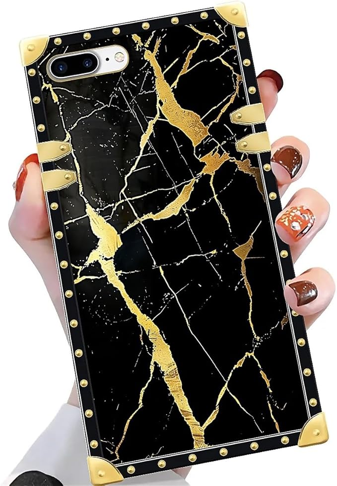 Compatible with iPhone 8 7 SE Case, Black Gold Marble Nature Luxury Golden Decoration for Girl Women Soft TPU Shockproof Protective Hard PC Back for iPhone 8 7 SE