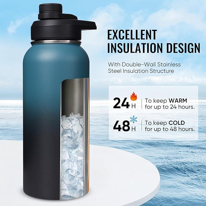 Fijinhom 32 oz Insulated Water Bottle with Handle, 304 Stainless Steel Water Bottles with Wide Mouth, Double Wall Vacuum Sports Water Bottle, BPA Free, Keep Cold and Hot, Blue&Black