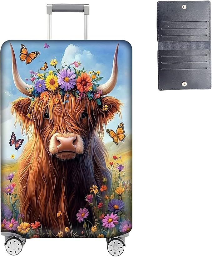 Luggage Cover Protector for 22-24 Inch Suitcases, TSA Approved Elastic Travel Suitcase Covers, Anti-Scratch Washable Luggage Sleeve for Carry On & Checked Bags, Cute Highland Cow