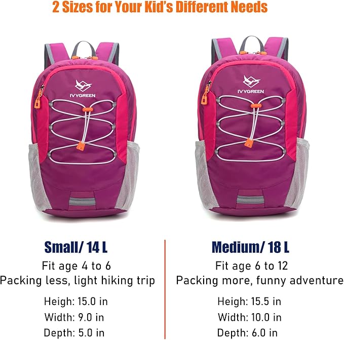 IVYGREEN Little Kids Hiking Backpack for Boys or Girls, Small Daypack for Camping or Travel (Purple, Medium)