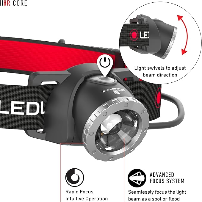 Ledlenser H8R Headlamp - Black, 3000 mAh Li-ion, 158g - 120-Hour Runtime & Rechargeable Flashlight - 600 Lumens Output & LED Headlamp - Red Rear Safety Light & Hardhat Light