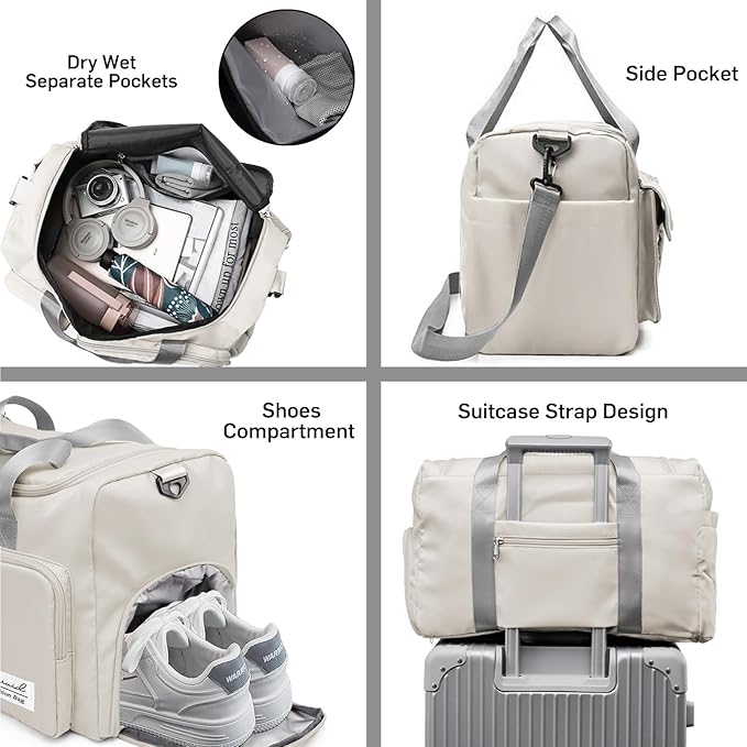 Suruid Travel Duffel Bag with Shoes Compartment Sports Gym Bag with Dry Wet Separated Pocket for Men and Women, Overnight Bag Weekender Bag Training Handbag Yoga Bag - White Gray
