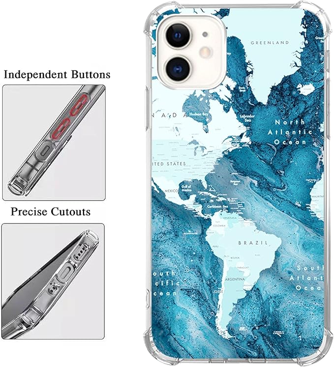 Aesthetic Blue World Map Case for iPhone 11, Blue Oceans Slim Shockproof TPU Bumper Anti-Scratch Protective Cover Case for iPhone 11