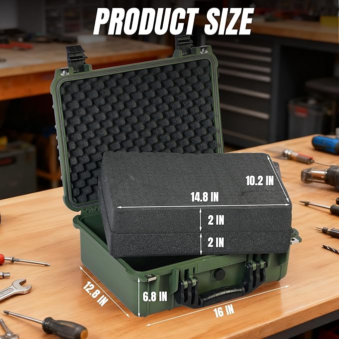 Jack Boss 16x 12.8x 6.8 Inch Hard Case, Portable Weather Waterproof Protective Camera Case with Customizable Foam, Fit Use of Drones, Camera, Equipments, Green