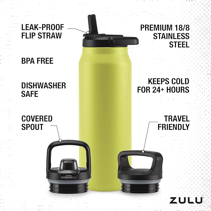 ZULU Base 40oz Stainless Steel Water Bottle with 3 Lids- Straw, Chug, Twist | Double Walled and Vacuum Insulated Metal Thermos | For Gym, Outdoor | Built in Carry Loop, Dishwasher Safe, Guac