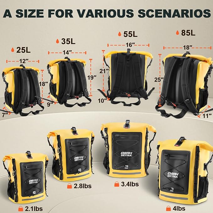 OSAH DRYPAK Waterproof Backpack Dry Bag 25L/35L/55L/85L – Heavy Duty Roll-Top Hiking Backpack Sack Keeps Gear Dry for Travel, Kayaking, Boating, Camping, Rafting and Fishing
