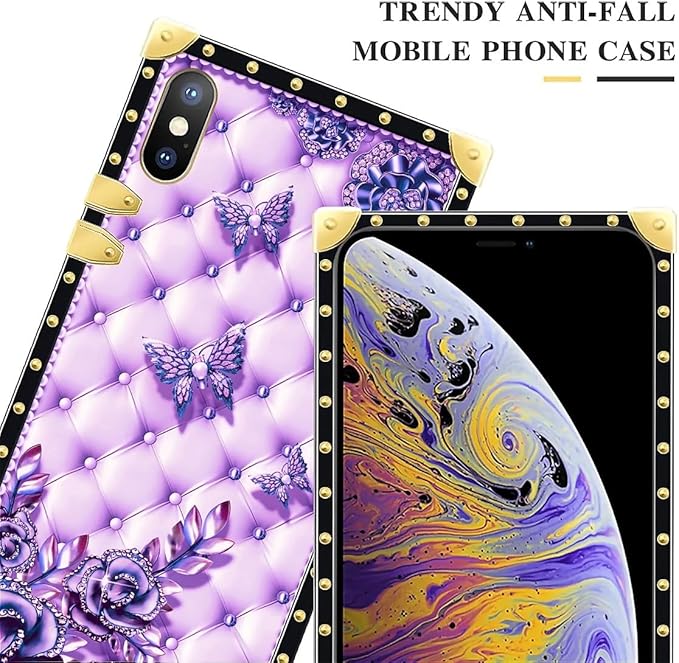 Compatible with iPhone XR Case, Purple Butterfly Flowers Leaf Luxury Golden Decoration for Girl Women Soft TPU Shockproof Protective Hard PC Back for iPhone XR