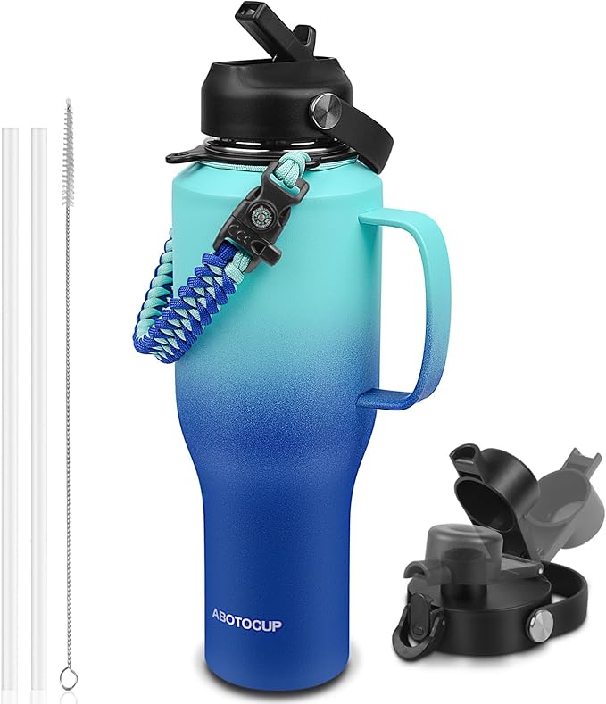 ABOTOCUP Water Bottle 40oz, Insulated Water Bottle with Handle & Straw Lids, Stainless Steel Water Bottle Fits in Any Car Cup Holder, Travel Cup Double Wall BPA-Free Leak-proof to Keep Cold &Hot