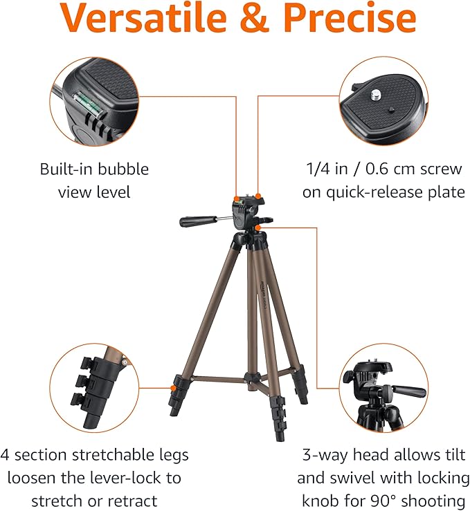 Amazon Basics 50-inch Lightweight Portable Camera Tripod Stand with Quick-Release Plate, Adjustable Height, Aluminum, for Travel Photography, Champagne