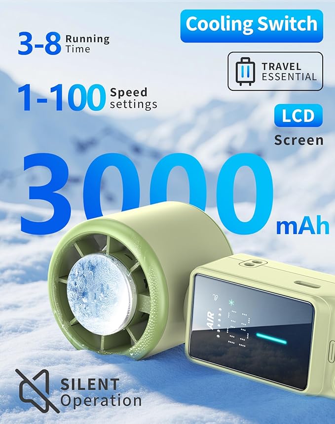 Foluu 3-in-1 Portable Cooling Fan with Active Cooling Technology, 16,000 RPM, 100-Speed Touch Control & LED Display, Type-C Fast Charge, Neck Strap & Stand – for Travel, Office, Outdoor (Green)