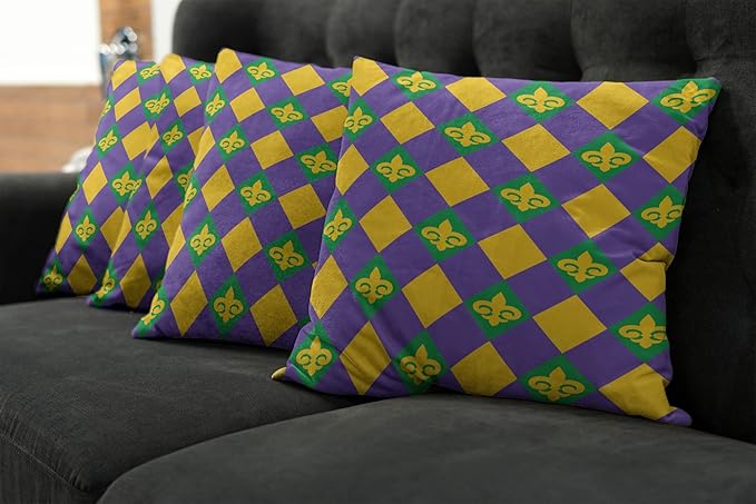 Ambesonne New Orleans Throw Pillow Cushion Case Pack of 4, Mardi Gras Themed Rhombuses with Fleur De Lis Motifs Classic Geometry, Modern Accent Double-Sided Digital Printing, 20", Violet Yellow