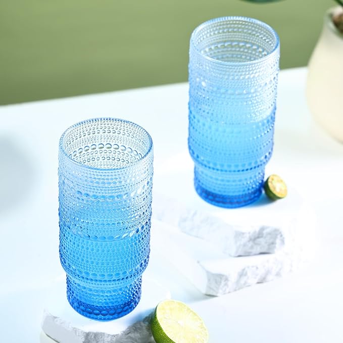 Large Capacity 16 oz Hobnail Drinking Glasses Set of 6,Vintage Glassware Drinking Glasses, Gradual Blue Water Glasses Tumbler, Cups for Kitchen, Juice, Beer, Cocktail, Whiskey