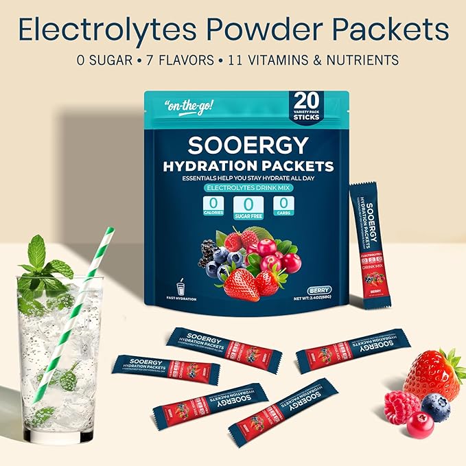 Electrolytes Powder Packets Sugar Free Hydration Packets, Liquid Daily IV Electrolyte Drink Mixex for Rehydration with Electrolytes, Vitamins, 0 Calorie, Mix Berry Flavor, 20 Sticks
