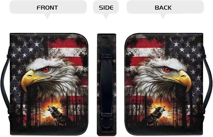 Large Bible Cover Case for Women Men American Flag Wolf Bald Eagle Print PU Leather Bible Case with Bookmark Church Bag Book Carrying Case Bible Cover for Women Men Bible Case for Men Women