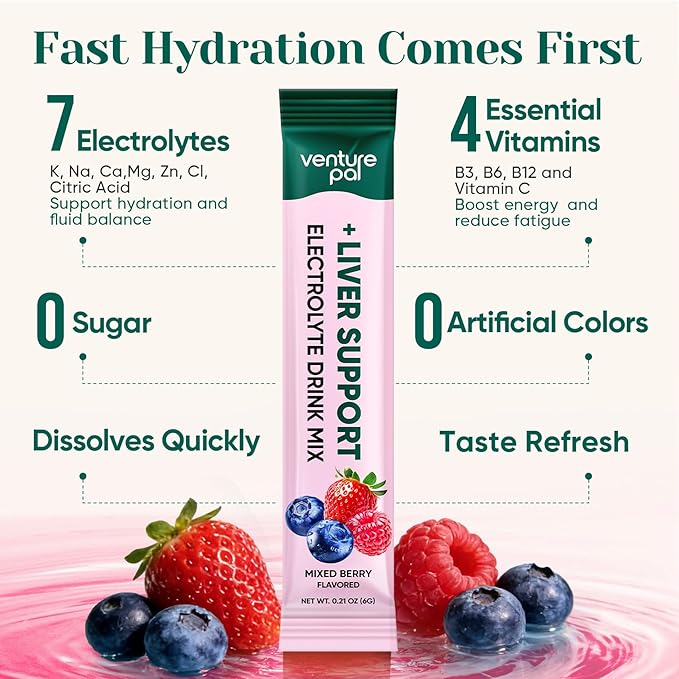 Venture Pal Hydration Packets + Liver Support- Liquid Daily IV Electrolyte Powder Packets with 7 Electrolytes & 5 Vitamins, Milk Thistle + L-Theanine | Sugar-Free | Keto Friendly | Vegan, 16 Sticks