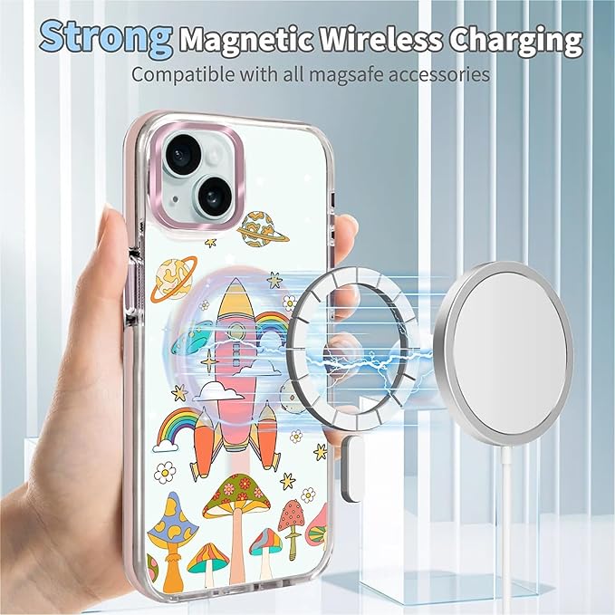Case for iPhone 15,[Compatible with MagSafe],Spaceship Mushroom Phone Case Design，for Women Girls Magnetic Clear Cover - Slim, Sleek, & Shockproof Protection