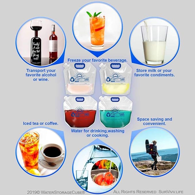 WaterStorageCube Premium Collapsible Water Container Bag, BPA Free Food Grade Clear Plastic Storage Jug for Camping Hiking Backpack Emergency, No-Leak Freezable Foldable Water Bottle 1.3/2.6 Gallon