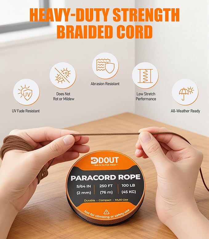 DDOUT 2mm Paracord 100lb, Thin Micro Paracord Rope, Tan 250FT Nylon Cord for Crafting, DIY Projects, Fishing, Camping & Outdoor