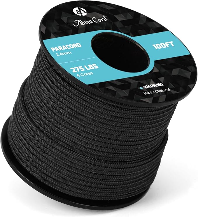 Abma Cord 2.4mm Paracord 275 100ft Nylon Rope 4 Strands Tactical Parachute Cord - Max. 275lbs - Black