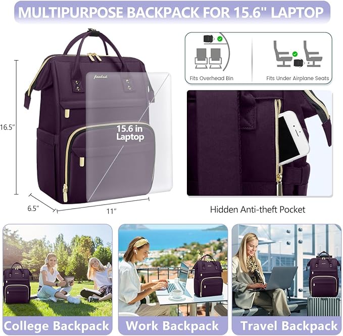 Focdod Laptop Backpack for Women Work Bags - 15.6 Inch Professional Womens Travel Backpack Purse Computer Laptop Bag Nurse Teacher Backpack Waterproof Carry on Back Pack Dark Purple