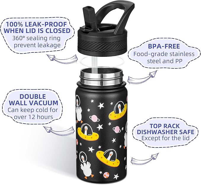 Fanhaw 14 Oz Kids Insulated Water Bottle with Straw - Stainless Steel Double Wall Vacuum Cup, Leakproof, BPA Free, Suitable for Boys and Girls(Black - Duck in Space)
