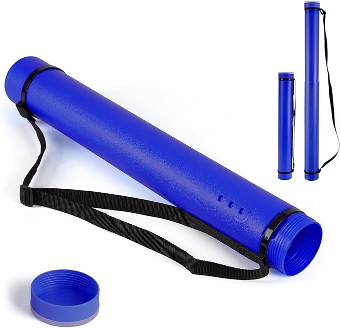 DEWEL Poster Tube, Waterproof Poster Holder Plastic Expandable Poster/Art/Document Storage Tube 24.5" to 40", Adjustable Poster Storage Blueprint Holder with Carrying Strap (Dark Blue-Large Size)