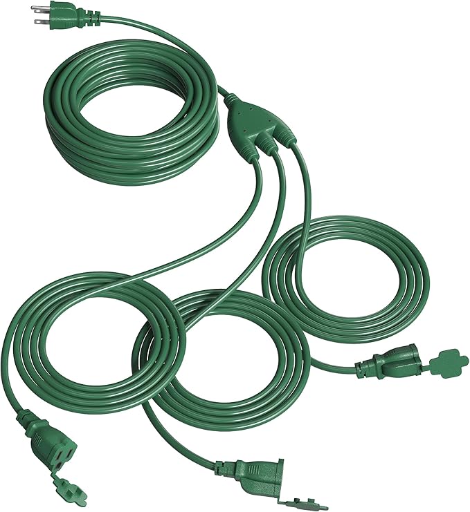 SURAIELEC Outdoor Extension Cord with Multiple Outlets, (34+6+6+6) 52FT Total, 40FT End to End, 1-3 Outlet Cord Splitter, 16/3C SJTW, for Landscape, Christmas Light, Halloween Decorations, Green