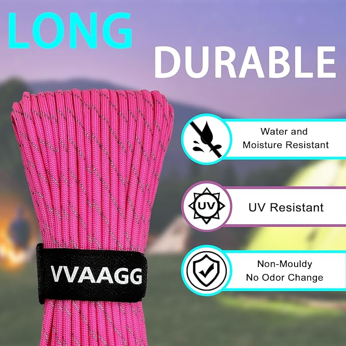 VVAAGG Reflective Paracord Rope 100FT, 7 Strand Nylon para Cord Lanyard Utility 550 Parachute Cord, 4mm Thin Tent Rope for Outdoor Camping Hiking