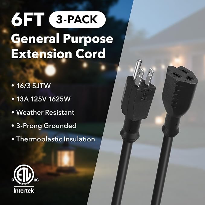 BN-LINK 6ft Indoor Outdoor Extension Cord 16/3 SJTW, 3 Pack, Black, 3-Prong, Weather Resistant & Flame Retardant, for Indoor, Garden, Landscaping & Holiday Decorations