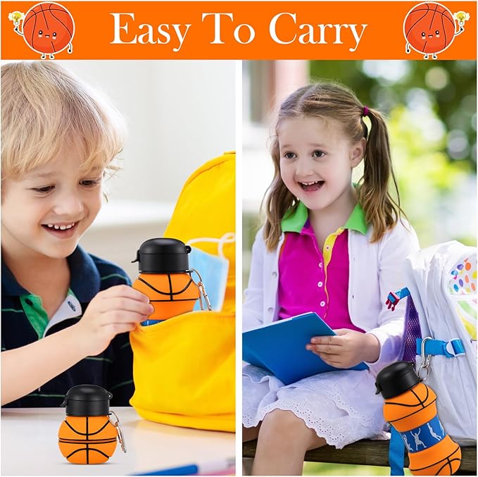 Layhit 8 Pcs Basketball Water Bottles 18oz Collapsible Basketball Water Cups for Kids Silicone Sport Party Favors for Players Lovers School Team Gifts Travel Sport Theme Party Accessories
