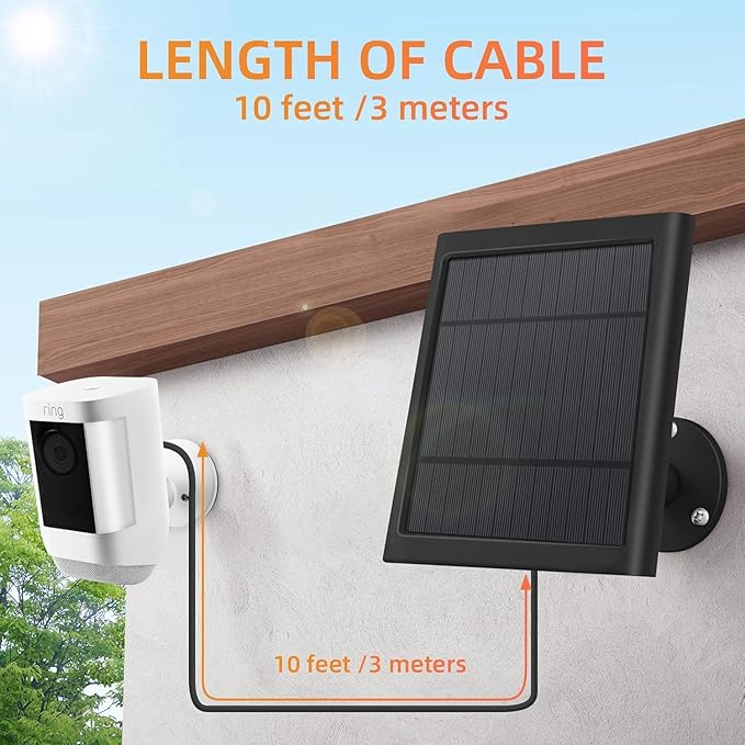 Paodekua 1 Pack 4W Solar Charger for Ring Spotlight & Stick Up Outdoor Cam, Black, High Efficiency, 10FT/3M Long Cable with USB-C to Ring Barrel Plug