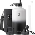 Coolflask 128 oz Gallon Water Bottle Insulated with Straw&3 Lids, Water Jug Large Stainless Steel Metal Vacuum Wide Mouth for Sports, Gym or Office, Non-BPA Keep Cold 48H Hot 24H, White & Black