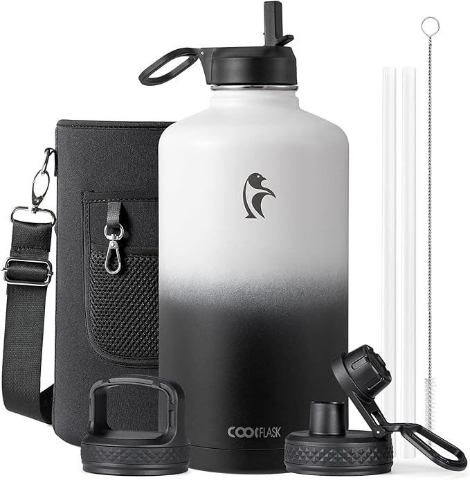 Coolflask 128 oz Gallon Water Bottle Insulated with Straw&3 Lids, Water Jug Large Stainless Steel Metal Vacuum Wide Mouth for Sports, Gym or Office, Non-BPA Keep Cold 48H Hot 24H, White & Black