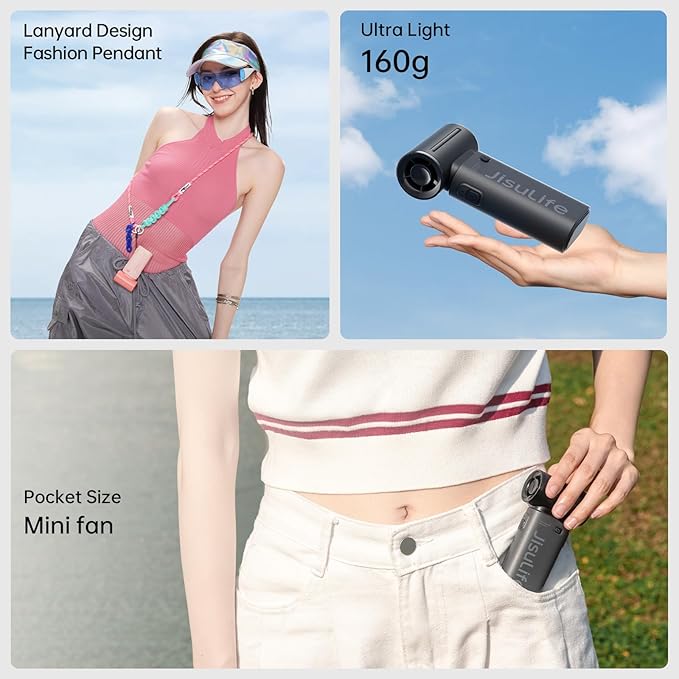 JISULIFE Portable Handheld Fan Life9, Turbo Power High Speed Air [12H Max Cooling Time], 5 Gear Wind, 3600mAh Rechargeable, Mini Pocket Design, Personal Fan for Travel Concerts Camping Makeup - Black