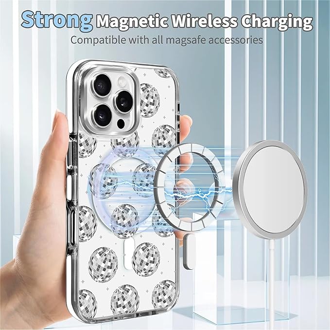 Case for iPhone 16 Pro Max,[Compatible with MagSafe],Disco Ball Grayish White Phone Case Design，for Women Girls Magnetic Clear Cover - Slim, Sleek, & Shockproof Protection