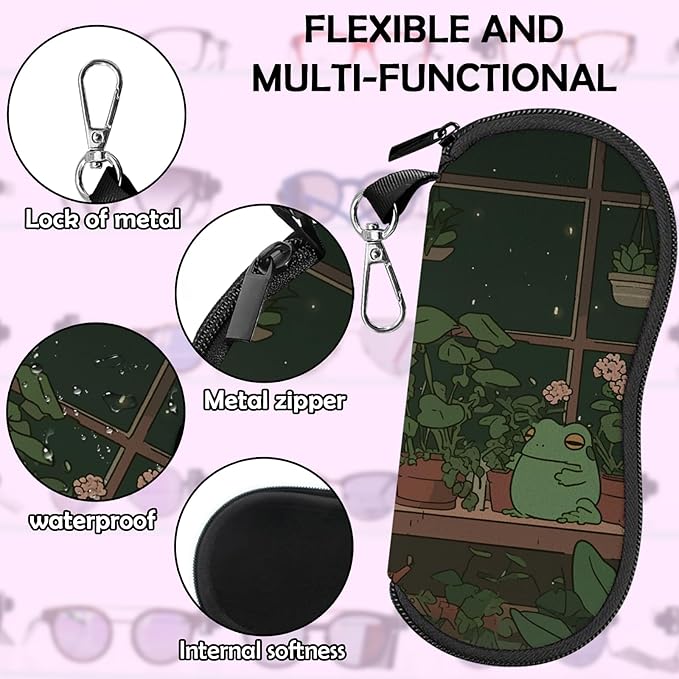 Glasses Case Sunglasses Eyeglass Soft Case Zipper Light Neoprene Pouch with Metal Belt Clip Aesthetic Cute Women Men