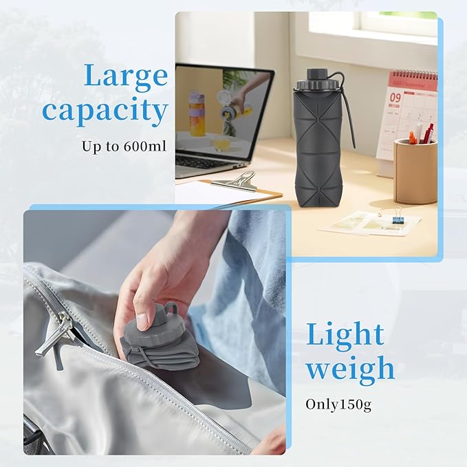 YCT Collapsible Silicone Travel Water Bottle 20oz (600ml), Reuseable Leakproof BPA Free Foldable Sports Bottle, with Carrying Strap, Dark Gray + Blue