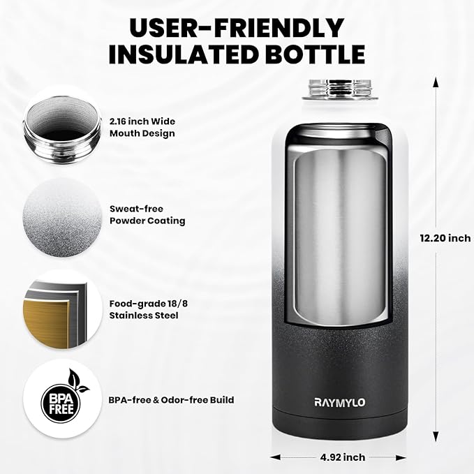 RAYMYLO Insulated Water Bottle 87 oz, Triple Wall Vacuum Stainless Steel (Cold for 48 Hrs), Leak Proof & Non-BPA, Modern Water Flask Jug with Paracord Handle & Straw Spout Lids, Ombre: White/Black