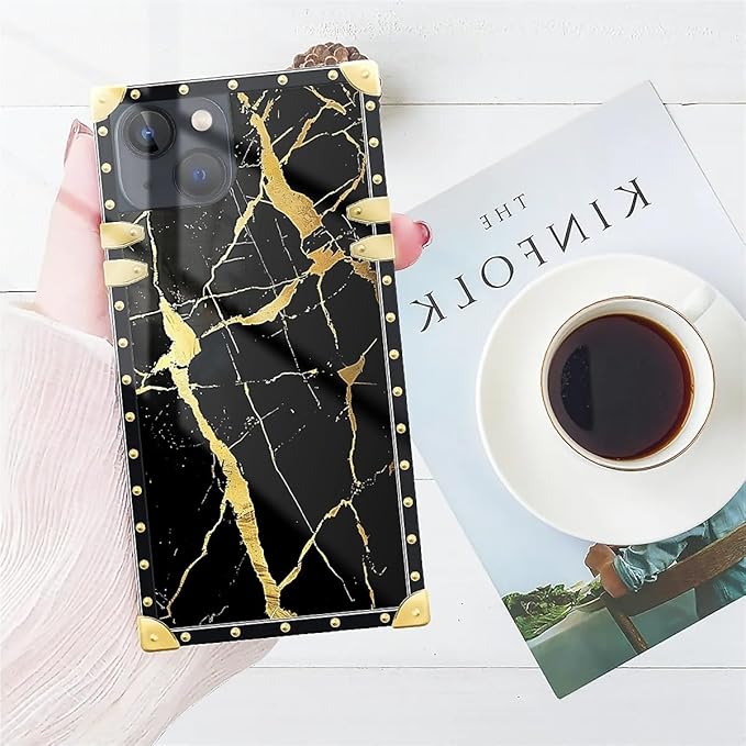 Compatible with iPhone 15 Case, Black Gold Marble Nature Luxury Golden Decoration for Girl Women Soft TPU Shockproof Protective Hard PC Back for iPhone 15