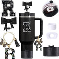 6pcs Black Stanley Cup Accessories Set, Bow Straw Topper for Stanley Cup 30oz 40oz, Including Straw Topper and Bow Silicone Boot, Stoppers Spill Proof, Handle Charm, Initials Sticker