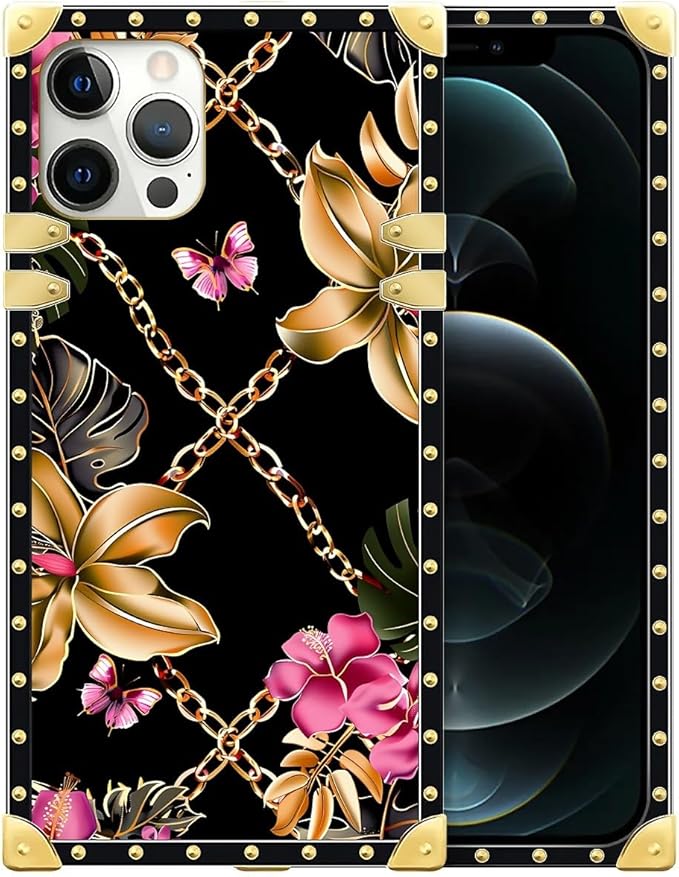 Compatible with iPhone 12 Pro Max Case, Pink Golden Chain Tropical Flower Luxury Golden Decoration for Girl Women Soft TPU Shockproof Protective Hard PC Back for iPhone 12 Pro Max