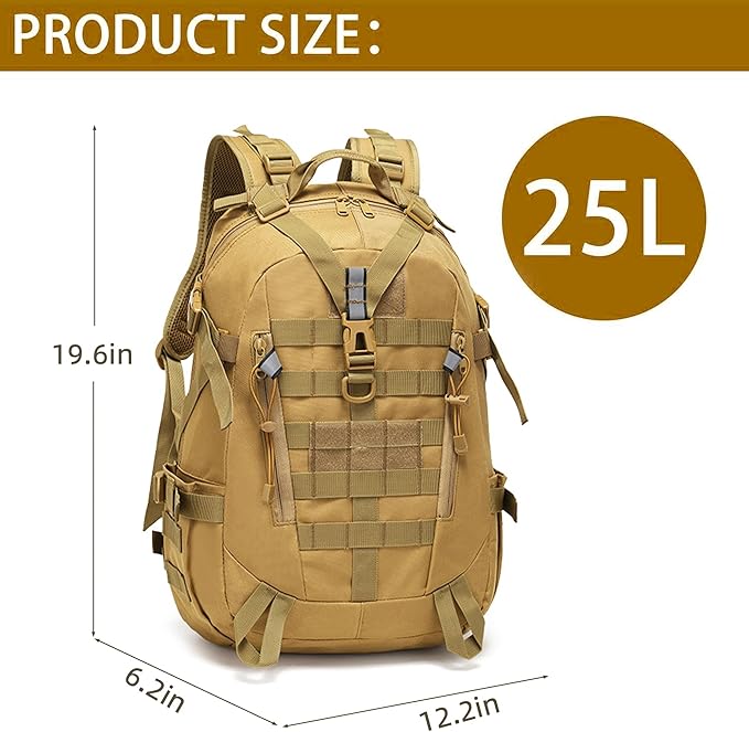 aiGear Tactical Backpack for Men, 25L Military Backpack, 3-Day Bug Out Bag for Camping Hiking Hunting with Molle System Army Daypack (25L Khaki)