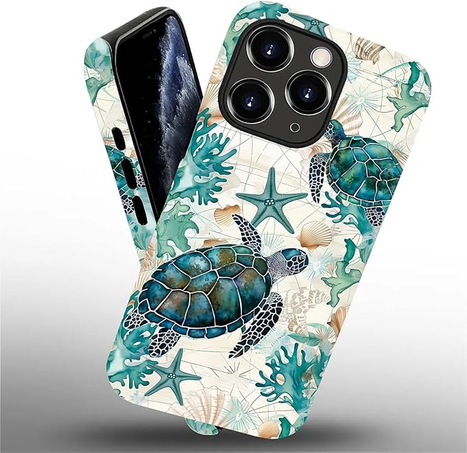 for iPhone 11 Pro Max Case,HH2 Ocean Sea Turtle Nautical Map Hybrid 2 Layer Hard Shell Silicone Protective Pattern Design Case