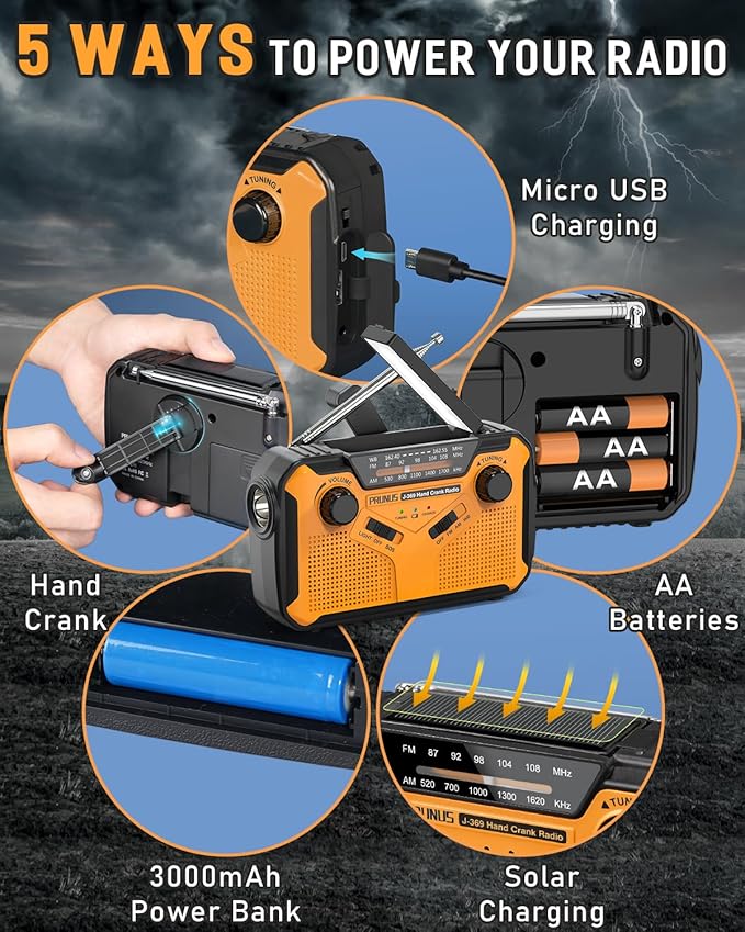 PRUNUS J-369 11100mWh Emergency Weather Radio, AA Batteries/Hand Crank/Solar/USB Charging, NOAA/AM/FM, LED Flashlight and Reading Lamp,SOS Alarm & Flashlight Portable