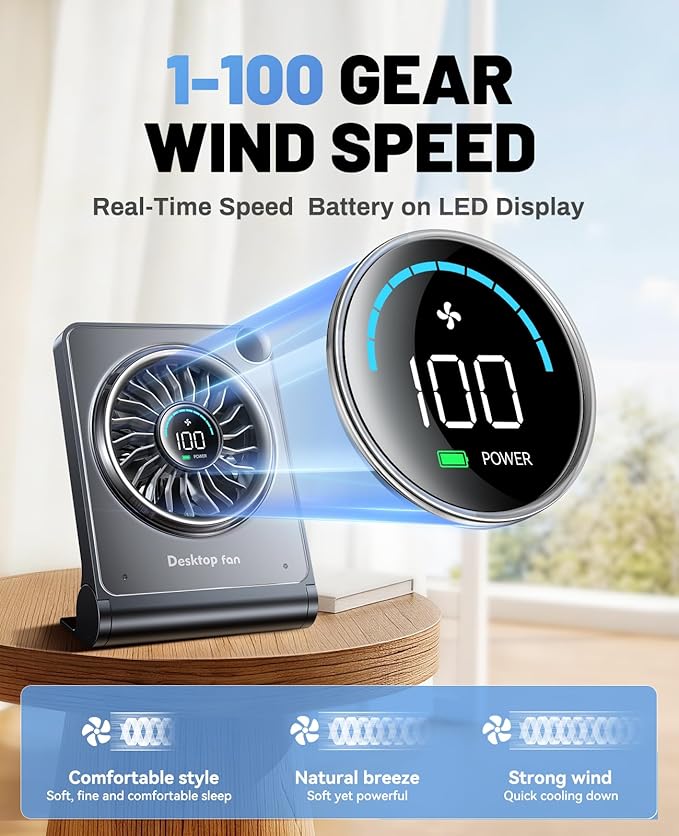 Small Desk Fan, Quiet Portable Table Fan with 100 Speeds, 12 Hrs Cooling, Strong Airflow, Digital Display, 180° Adjustable, Rechargeable Desktop Fan for Bedroom Office Cruise Travel, Black