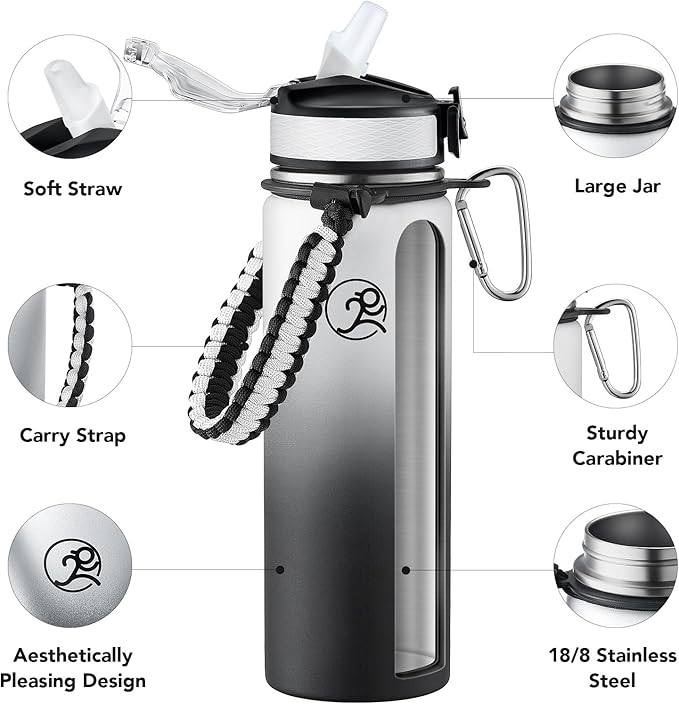GOSWAG Insulated Sports Water Bottle, 24oz 2 Lids(with Straw/No Straw), Stainless Steel Water Bottles with Paracord Handle, Insulated Bottle with Double-Wall Vacuum Insulation
