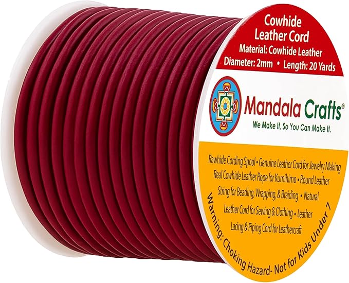 Mandala Crafts Round Genuine Burgundy Leather Cord for Jewelry Making – 2mm Cowhide Leather Rope String Lace for Kumihimo – 20 Yards Cowhide Craft Cording Spool