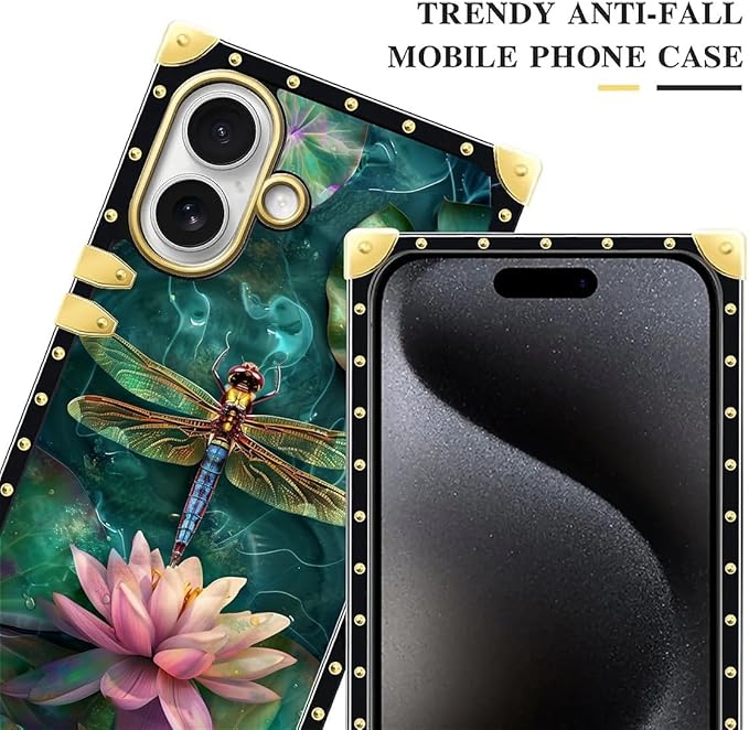 for iPhone 17 Case Luxury Golden Decoration for Girl Women Soft TPU Shockproof Protective Hard PC Back for iPhone 17 Crazy Pattern Colourful Dragonfly Pink Lily Pads